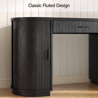 ONBRILL 58 Inch Fluted Executive Desk, Computer Desk with Storage Drawers & File Drawer, Modern Home Office Desk with Charging Station for Working, Studying, Writing, Black