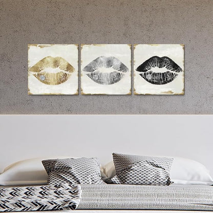 Lips Wall Decor Gold Silver and Black Lip Canvas Wall Art Glam Lips Poster for Bathroom Livingroom Bedroom Makeup Room Wall Decor 12x12Inchx3pcs
