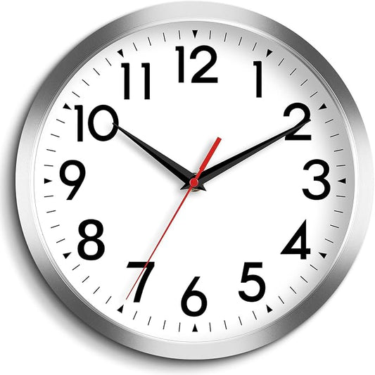 DAXSMY Wall Clock Modern Battery Operated 10 Inch Simpel Silent Non Ticking Decorative for Kitchen Office Outdoor Bedroom Living Room School Classroom(Silver)