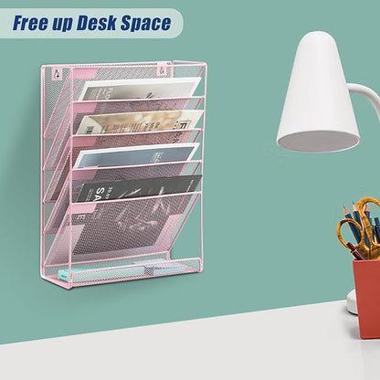 EASEPRES Desk File Organizer Mesh 6-Tier, Hanging Wall Mount Document Organization Stand, Desktop Vertical Mail Paper Folder Holder Rack with Bottom Tray for Office Home Cubicle Countertop, Pink