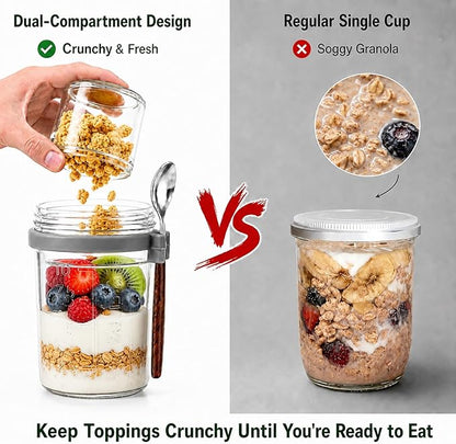 4 Pack Overnight Oats Containers With Lids And Spoons, (16Oz+5Oz) Glass Mason Jars With Dry And Wet Separation For Cereal Nut Fruit Salad Chia Pudding Yogurt, Meal Prep Jars