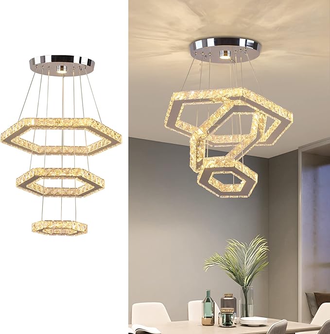 LED Chandeliers Dimmable Crystal Chandelier 3 Rings Modern Pendant Light Adjustable Stainless Steel Ceiling Light Fixture for Dining Room Bedroom Living Room