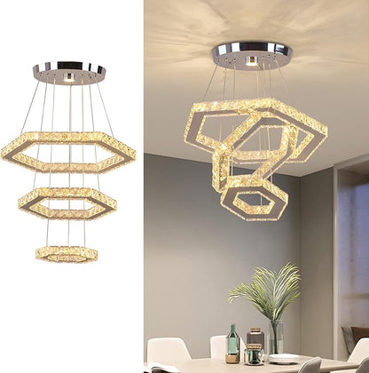 LED Chandeliers Dimmable Crystal Chandelier 3 Rings Modern Pendant Light Adjustable Stainless Steel Ceiling Light Fixture for Dining Room Bedroom Living Room