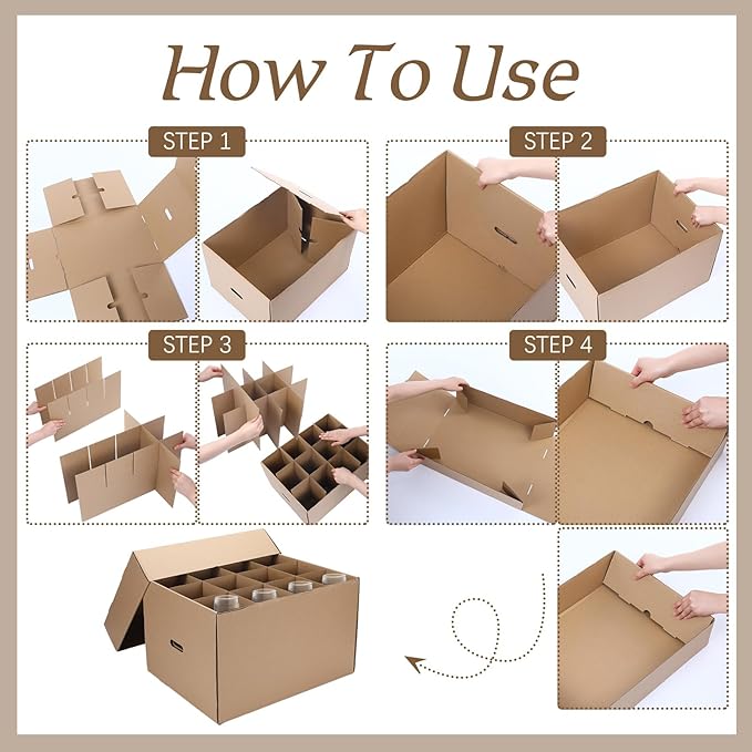 4 Pack Wine Glass Moving Boxes Kitchen Moving Boxes with Handle Kitchen Kit with Lid for Dish Glassware (Brown,20 x 15 x 12 Inches)