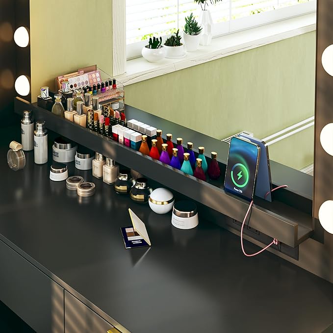 Vanity Desk with Mirror and Lights, 39.3in Makeup Vanity Desk with 5 Storage Drawers & Power Outlet, Vanity with Large Mirror, 3 Color Lights Adjustable for Bedroom, Black