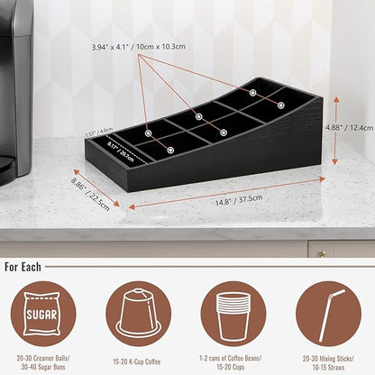 ANBOXIT Coffee Station Organizer for Countertop, Condiment Storage Caddy, Coffee Bar Supplies Organizer for Home, Office and Breakroom - Wooden, Black, 7 Compartment