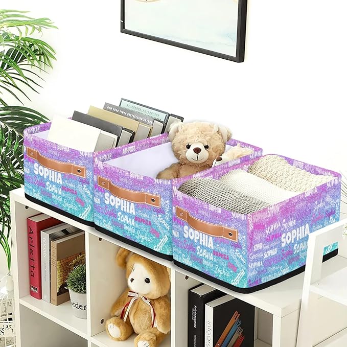 Personalized Small Kids Toys Box with Name, Custom Nursery Baskets, Women Makeup Organization Custom Storage Toilet Paper Organizer, Gradient Violet Pink Blue Glitters
