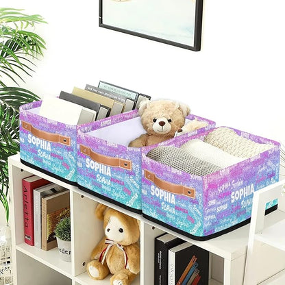 Personalized Small Kids Toys Box with Name, Custom Nursery Baskets, Women Makeup Organization Custom Storage Toilet Paper Organizer, Gradient Violet Pink Blue Glitters