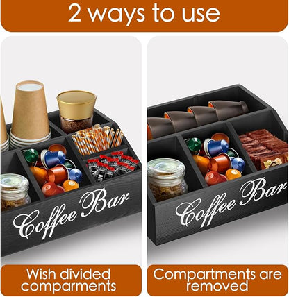 Coffee Station Organizer Pods Holder for Counter, Farmhouse Wood Coffee Bar Accessories and Tea Condiment Basket Storage Organizer Decor