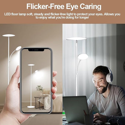 White Floor Lamps for Living Room, 44W/4500LM Super Bright 2 in 1 LED Floor Lamp with Remote, Stepless Dimmable, 69" Tall Standing Floor Lamp with Bendable Reading Light for Bedroom Office
