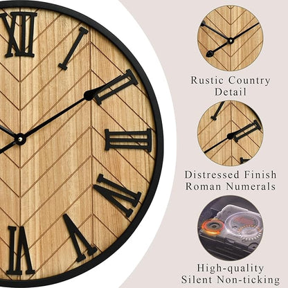 EMAX HOME 24 Inch Large Wall Clock Farmhouse Style - Brown Silent Non-Ticking Rustic Decor for Living Room, Kitchen, Bedroom