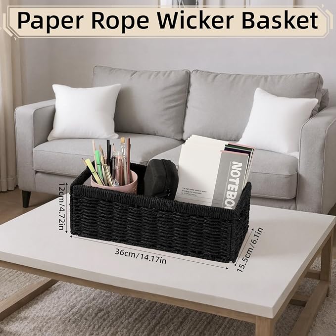 Paper Rope Storage Basket for Organizing, 2 Pack Foldable Wicker Storage Baskets with Handle,Decorative Large Storage Bins for Bathroom Countertop,Small Toilet Paper Basket for Toilet Tank Top