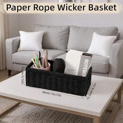 Paper Rope Storage Basket for Organizing, 2 Pack Foldable Wicker Storage Baskets with Handle,Decorative Large Storage Bins for Bathroom Countertop,Small Toilet Paper Basket for Toilet Tank Top