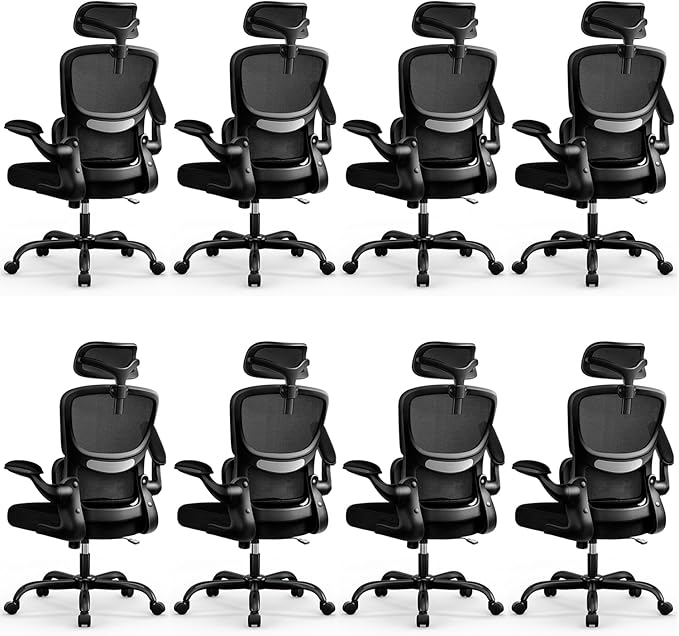 High Back Ergonomic Office Chair, Breathable Mesh Desk Chair with Lumbar Support, Adjustable Headrest, Flip-up Armrests, Computer Gaming Chair, (Black, 8Pack)