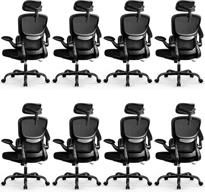 High Back Ergonomic Office Chair, Breathable Mesh Desk Chair with Lumbar Support, Adjustable Headrest, Flip-up Armrests, Computer Gaming Chair, (Black, 8Pack)