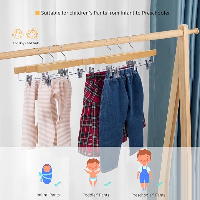 Nature Smile 11.8'' Kids Baby Toddler Children Solid Wooden Pants Hangers, Trousers Bottom Hangers with 2-Adjustable Clips Anti-Rust Hook Pack of 10 (Natural)