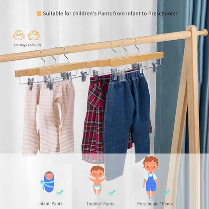 Nature Smile 11.8'' Kids Baby Toddler Children Solid Wooden Pants Hangers, Trousers Bottom Hangers with 2-Adjustable Clips Anti-Rust Hook Pack of 10 (Natural)