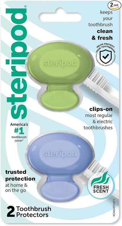 Steripod Clip-On Toothbrush Protector, Green and Blue, 2 Count