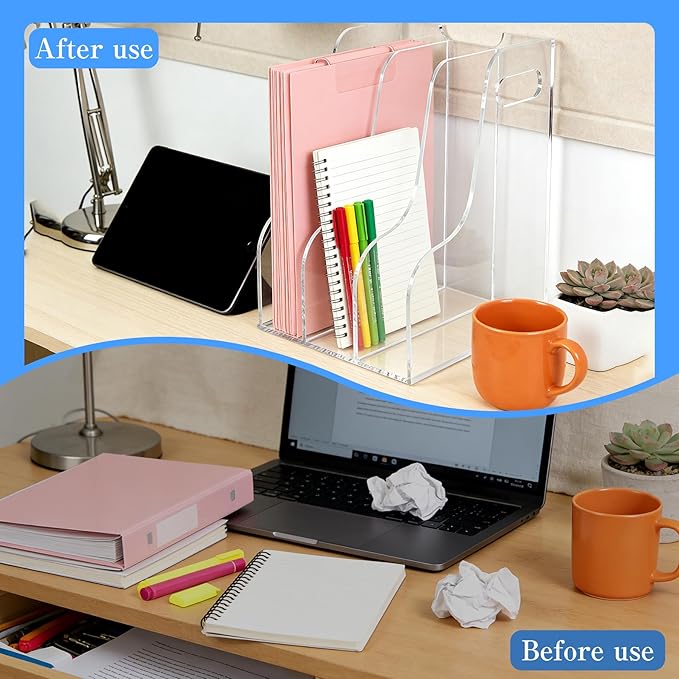 3-Tier Clear Acrylic File Holder, Vertical Document Organizer for Magazines, Binders, Notebooks & Envelopes - Multi-Purpose Desk Storage for Home Office（A4,3 Sections）