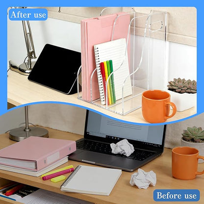 3-Tier Clear Acrylic File Holder, Vertical Document Organizer for Magazines, Binders, Notebooks & Envelopes - Multi-Purpose Desk Storage for Home Office（A4,3 Sections）