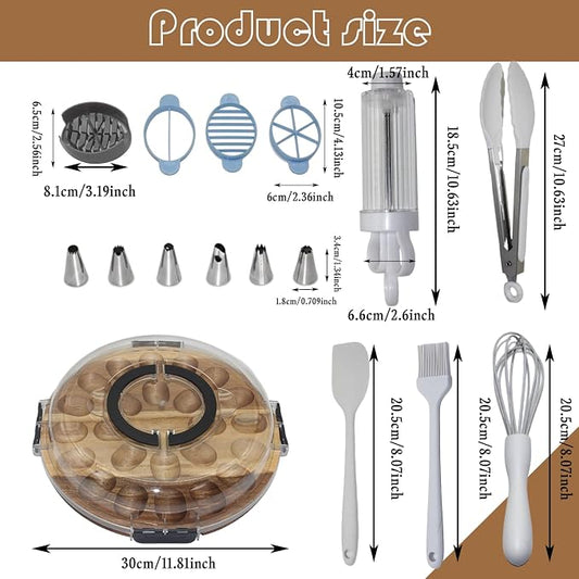 Deviled Egg Containers with Lid, 2026 Upgraded Acacia Wood Deviled Egg Platter – 24 Holes Round Tray with Egg Slicer, Piping Tips & Mini Tongs, Complete Deviled Eggs Carrier Set for Easter Party