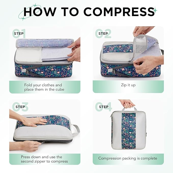 8 Set Compression Packing Cubes for Travel Essentials,Compressible Expandable Packing Cubes for Suitcase,OlarHike Luggage Garment Bags for Travel,Handy Helper for Organizing Clothes(Dark Blue Floral)