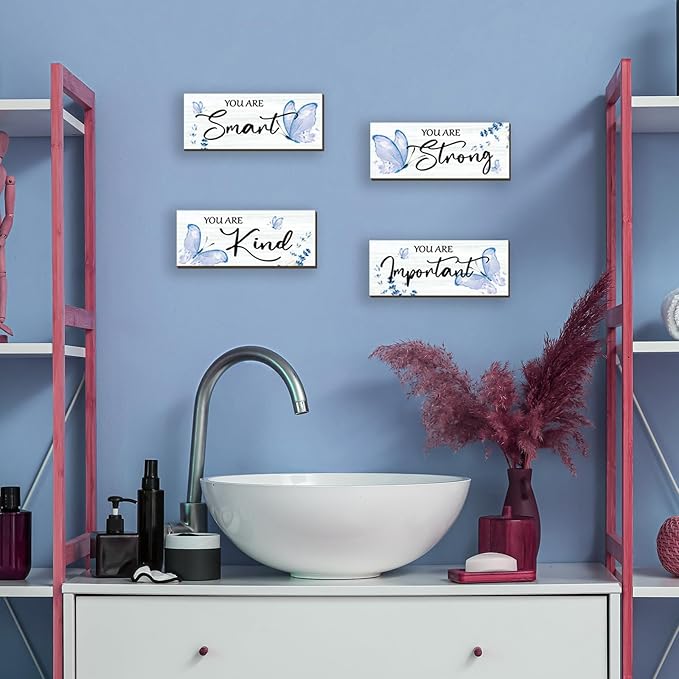 DONFENTHY 4 Pcs Butterfly Wall Decor Blue Room Decor Wooden Positive Decor with Butterfly Inspirational Word Sign for Teen Girls Women Room Bathroom Bedroom Office Decor(Blue,10x4 Inch)