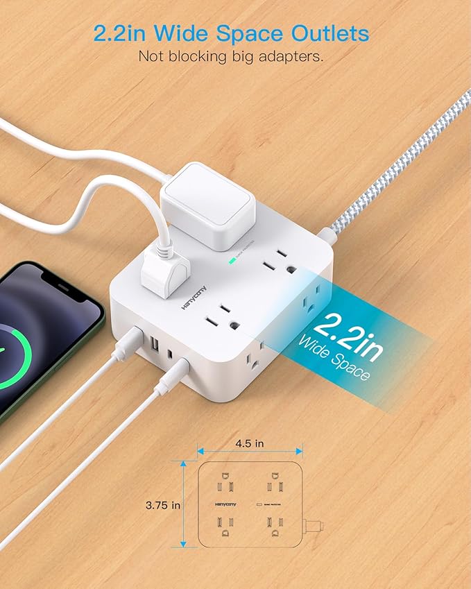 Flat Plug Extension Cord with Multiple Outlets, HANYCONY 1080J Surge Protector Power Strip with 8 AC Outlets 4 USB Ports (2 USB-C), 3-Sided Outlet Extender Ideal for Home Office Dorm Room Essentials