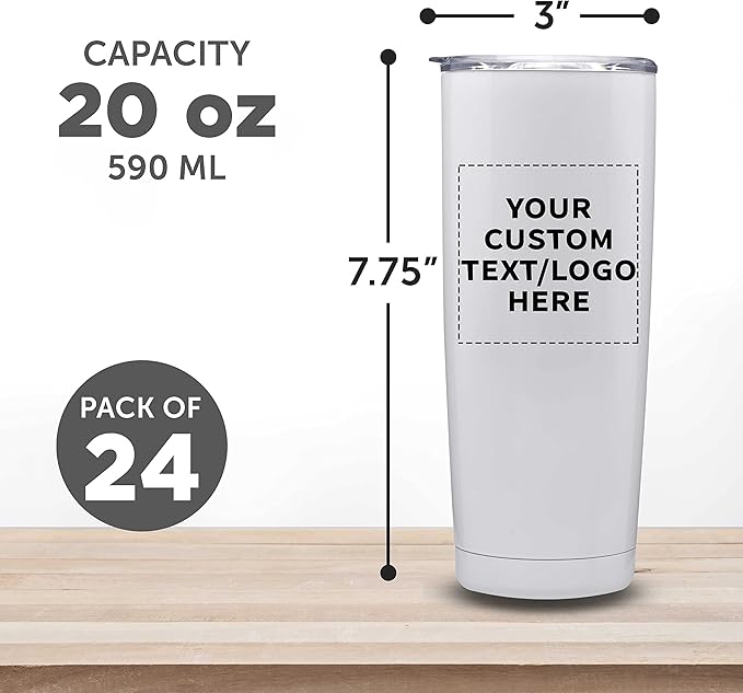 Custom Pipette Stainless Steel Coffee Tumblers 20 oz. Set of 24, Personalized Bulk Pack - Double Wall, Perfect for Coffee, Hot Cocoa, Other Hot & Cold Beverages - White