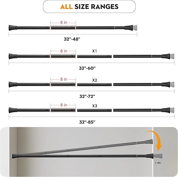1.1 Inch Diameter Tension Closet Rods for Hanging Clothes 32-85 Inch, Adjustable Pole Closet to Hang Clothes, Heavy Duty Closet bar for Wardrobes with No Drilling Holder, Matte Black
