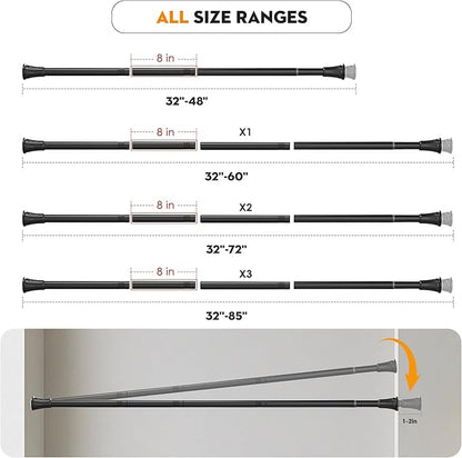 1.1 Inch Diameter Tension Closet Rods for Hanging Clothes 32-85 Inch, Adjustable Pole Closet to Hang Clothes, Heavy Duty Closet bar for Wardrobes with No Drilling Holder, Matte Black