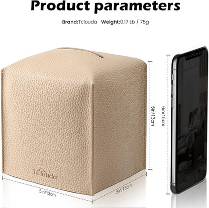 Tissue Box Cover, Tclouda, Modern PU Leather Square Tissue Box Holder for Creative Decorative, Ideal for Bathrooms/Office/Car/Nightstand/Outdoor Tent/Dining Table, 5"X5"X5", Single Beige