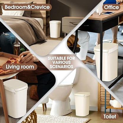 CEROELDA 3 Pack Bathroom Trash Can with Lid, 10L/2.6 Gal Small Garbage Can with Press Top Lid, Slim Plastic Waste Basket for Toilet, Office, Bedroom (Beige)