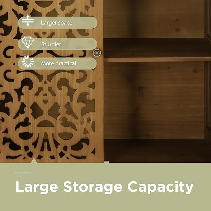 Sophia & William Accent Cabinet with Doors, Distressed Storage Cabinet with Wood Frame and Hollow-Carved Floral Doors for Entryway Living Room, Wood