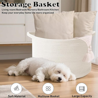 115L Extra Large Woven Cotton Rope Blanket Basket with Handles, Laundry Hamper Storage Bin for Pillows, Comforters,Clothes, Toys, Nursery, Bedroom and Living Room Organization,White