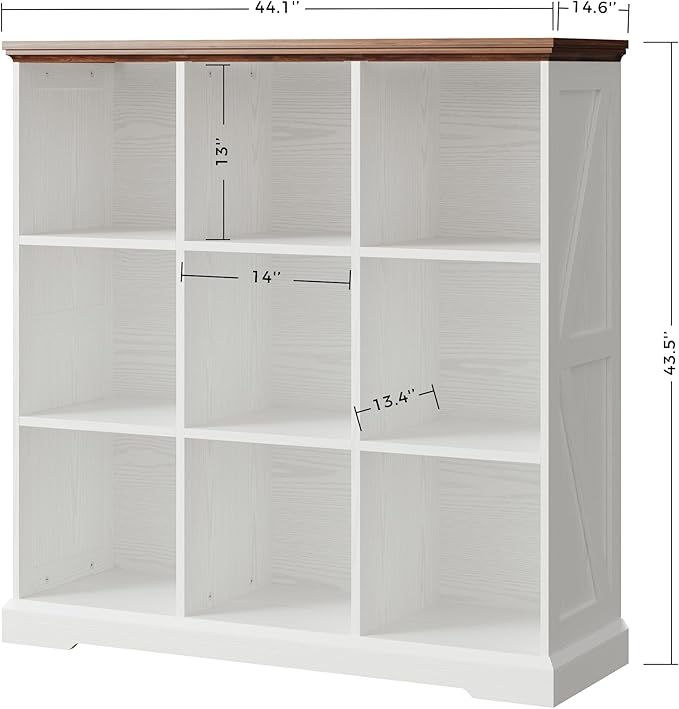 IRONCK Wooden 9 Cube Storage Organizer, Cube Shelf Organizer with Storage, Farmhouse Short Bookshelf for Bedroom, Living Room and Home Office, White