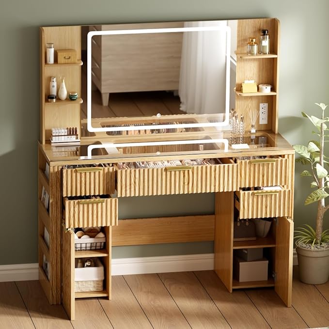 47.2" Fluted Makeup Vanity Desk with Large 28.7" Mirror and Lights, 5 Drawer Vanity with Power Strip, 6 Open Shelves, 2 Cabinet, Modern Bedroom Vanity Featuring Visual Transparent Glass