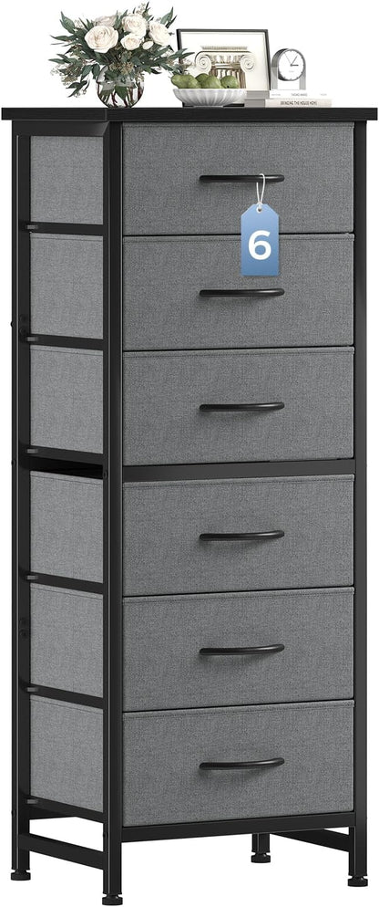 Sweetcrispy Tall Fabric Dresser for Bedroom, 6 Drawer Skinny Chest of Drawers, Narrow Storage Tower with Wood Top and Metal Frame, Vertical Nightstand for Closet, Bedroom Organization Furniture, Grey
