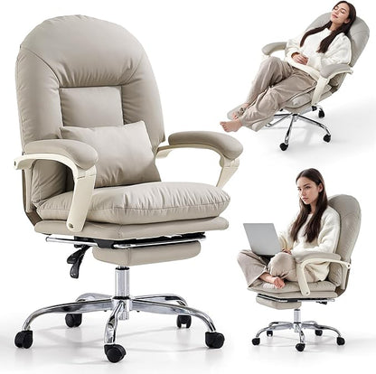 EMIAH Office Chair with Foot Rest Criss Cross Chair with Wheels Ergonomic Reclining Executive Office Chair Mid Back Genuine Leather Swivel Computer Chairs Lumbar Support for Home Office (Beige)
