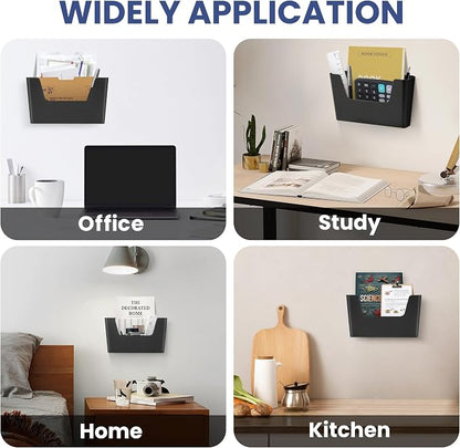 JOMOLA No Drilling File Holder 2 Pack Mail Organizer Wall Mount File Organizer Holder Office Wall Hanging Files Magazines Organizer Plastic Door Mount Wall Pocket with Adhesive Pad, Black Color