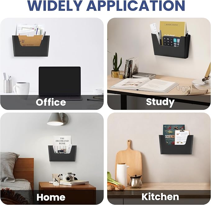 JOMOLA No Drilling File Holder 3 Pack Mail Organizer Wall Mount File Organizer Holder Office Wall Hanging Files Magazines Organizer Plastic Door Mount Wall Pocket with Adhesive Pad, Black Color