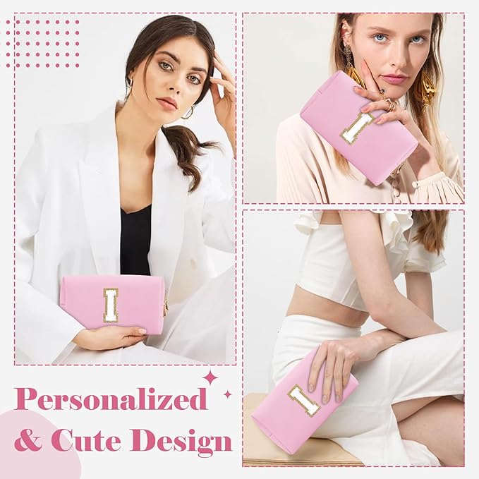 Personalized Initial A-Z Preppy Patch Makeup Bag,Small PU Chenille Letter Cosmetic Bag with Zipper for Teen Girls,Pink Cute Toiletry Organizer Bag,Monogram Makeup Case Gift for Women Girls,Letter I