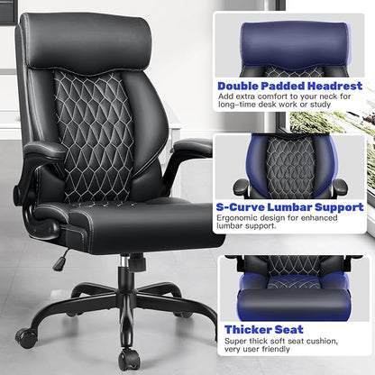 High Back Executive Office Chair - Ergonomic Computer Desk with Rocking Function, Leather Managerial with Adjustable Flip-Up Armrests and Lumbar Support