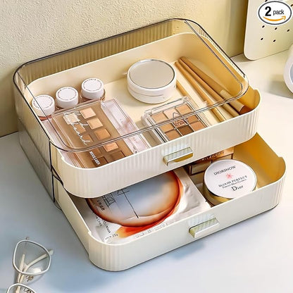2 Pack Stackable Makeup Organizer with Drawers, Bathroom Storage for Eyeshadow Palettes, Cosmetics, and Beauty Supplies. Ideal for Vanity Counter, Cabinet, Entryway Table, Desk
