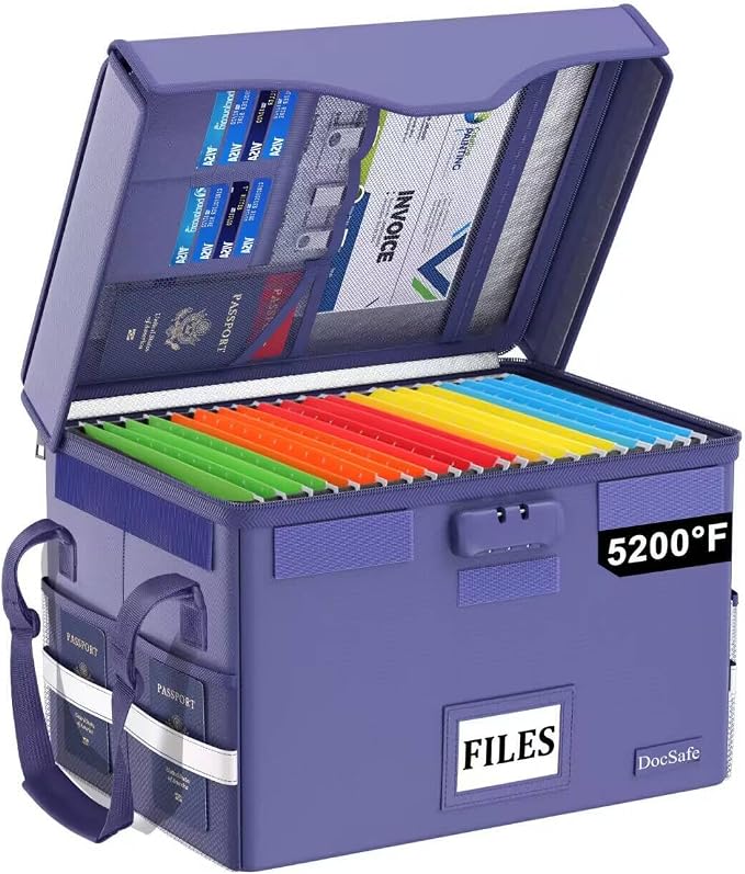 DocSafe 5200°F Fireproof Document Box with Lock,Heat Insulated File Organizer Storage with Pockets,Collapsible Portable Home Office File Safe Box with Handle for Hanging Letter/Legal Folders, Blue