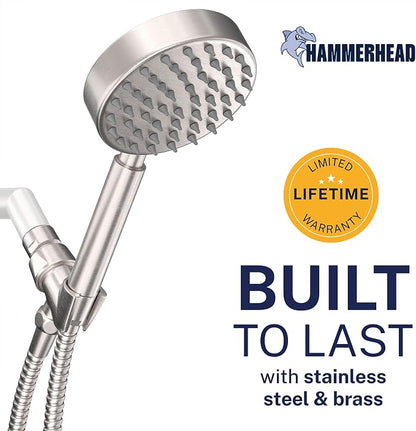 HammerHead Showers® Solid Metal Handheld Shower Head with Hose and Brass Holder - BRUSHED NICKEL - 2.5 GPM High Pressure Shower Heads with Adjustable Shower Wand Bracket - 6ft Flexible Extension
