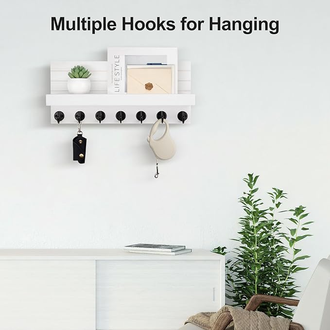 Key Holder Wall Mount, Entryway Key and Mail Holder with 7 Sturdy Hooks for Sunglasses, Dog Leash, Decorative Wall Shelf with Mounting Hardware, 15”W x 6.7”H x 4.2”D (White)
