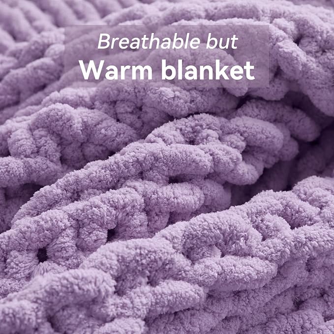 Negwoo Chunky Knit Throw Blanket, 80''*90'' Knitted Throw Chenille Yarn for Bed Couch, Handmade Light Purple Crochet Big Thick Blanket, Machine Washable Cute Comfy Blanket for Home Decor