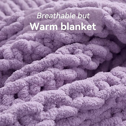 Negwoo Chunky Knit Throw Blanket, 60''*80'' Knitted Throw Chenille Yarn for Bed Couch, Handmade Light Purple Crochet Big Thick Blanket, Machine Washable Cute Comfy Blanket for Home Decor