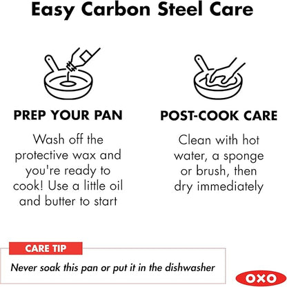 OXO Obsidian Pre-Seasoned Carbon Steel, 10" Frying Pan Skillet with Removable Silicone Handle Holder, Induction, Oven Safe, Black